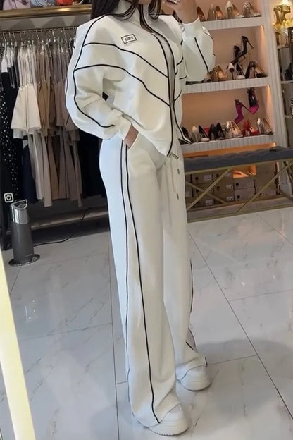Women Fashion Elastic Waist Lace-up Solid Sport Outfits Casual Long Sleeve Loose 2Pc Set Elegant Zip Sweatshirt & Long Pant Suit - Kimlud