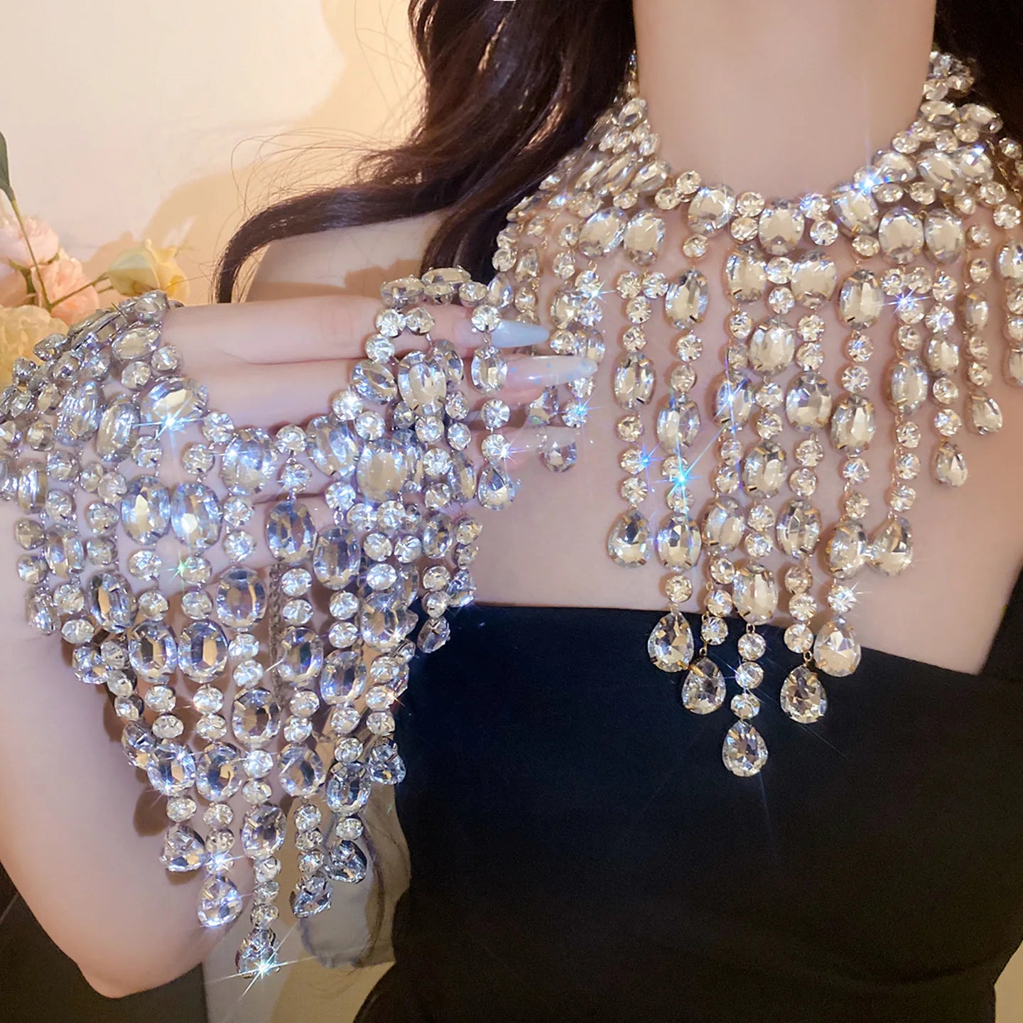 Luxury Tassel Water Drop Rhinestone Choker Necklace for Women Oversized Sparkly Elegant Evening Party Wedding Statement...