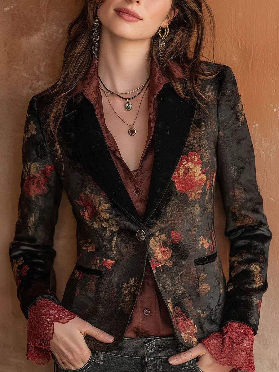 Women's Velvet Floral Jacket Retro Notched Collar Single Button Streetwear Vintage Casual Autumn Blazer Jackets for Women