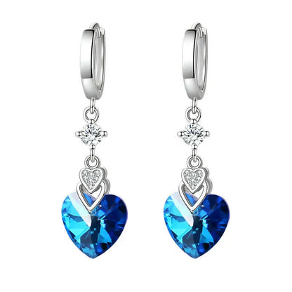 925 Sterling Silver Earrings Blue Crystal Heart-Shaped Zircon Earrings For A Woman'S Engagement Charm Jewelry Gift