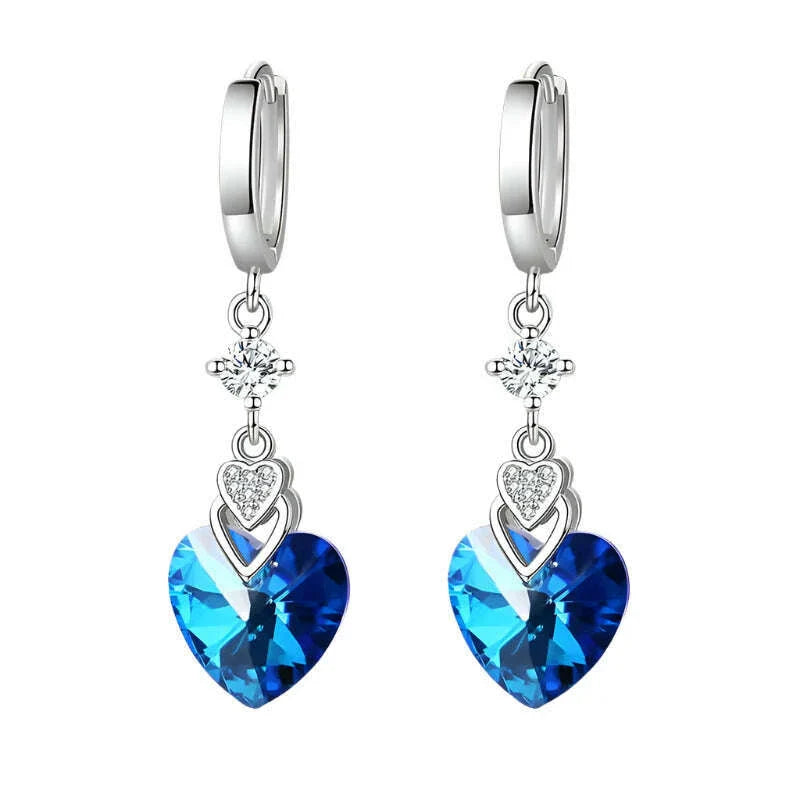 925 Sterling Silver Earrings Blue Crystal Heart-Shaped Zircon Earrings For A Woman'S Engagement Charm Jewelry Gift