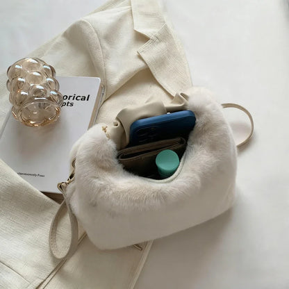 Fashionable Cute Plush Crossbody Bag for Women's Solid Color Soft Fluffy  Handbag Autumn Winter Soft Plush Shoulder Bag