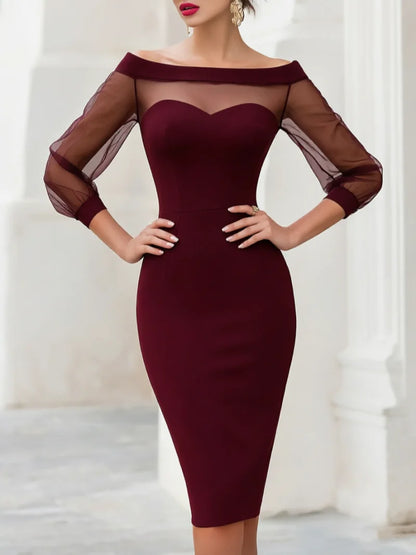 Women's Off Shoulder Sheer Mesh Long Sleeve Bodycon Midi Dress with Sweetheart Neckline for Cocktail Party Evening Wear...