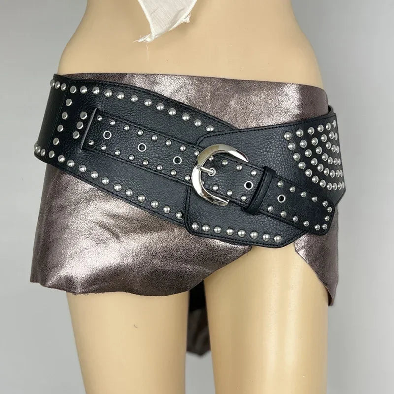 Vintage Rivet Punk Wide Belts American Y2K Metal Pu Spice Girls Waistband Western Heavy Duty Irregular Design Skirt Decoration
