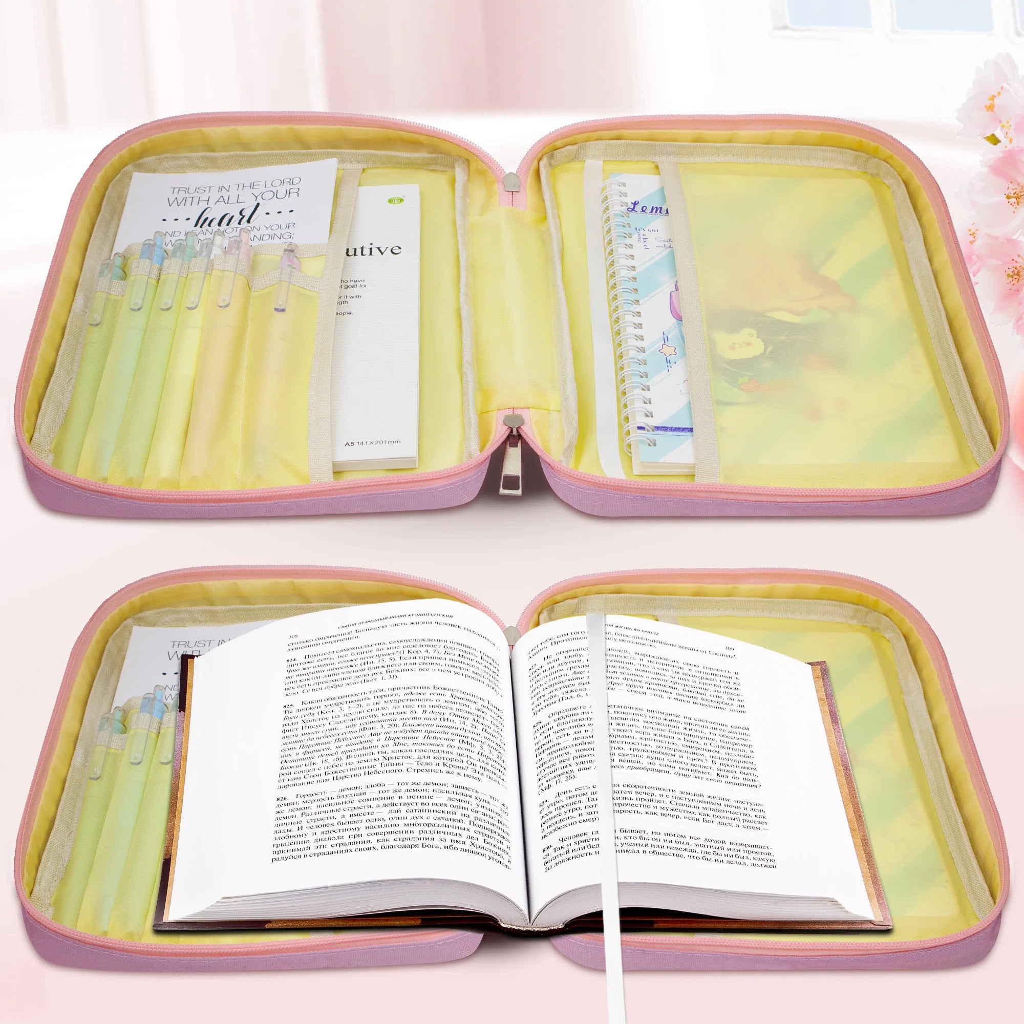 Bible Cover for Women, Pink Floral Scripture Case, Large Capacity Church Book Organizer, Christian Gift for Ladies