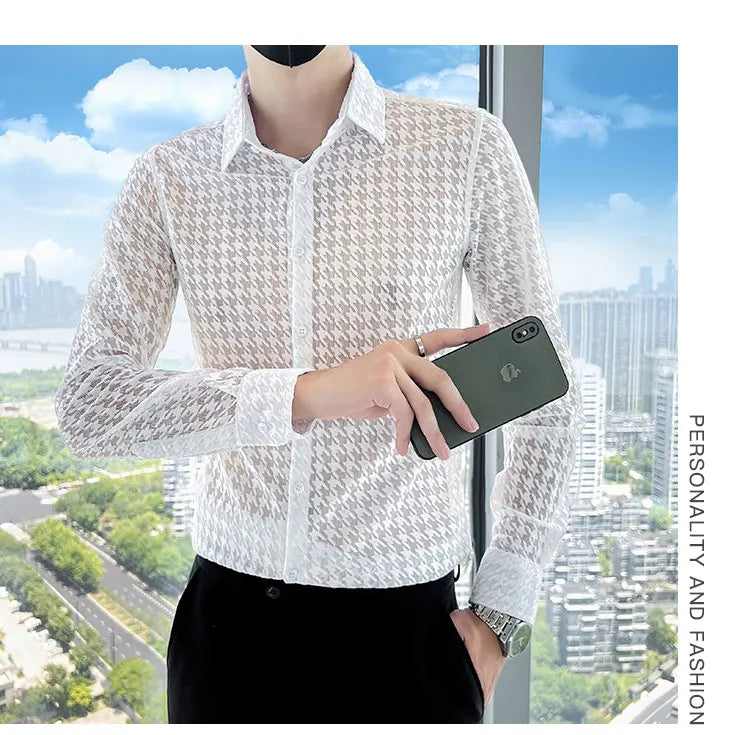 Sexy Transparent Mesh Long Sleeved Shirts for Men Fashion Party Night Club Plaid Printed Slim Fit 4XL Mens Dress Shirt Plus Size - Kimlud