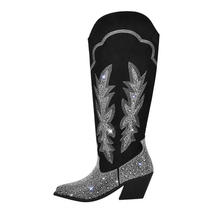 Onlymaker Women Black Knee High Rhinestone Boots Western Cowboy Boots Glitter Bling Shiny Block Heel Handmade Boots