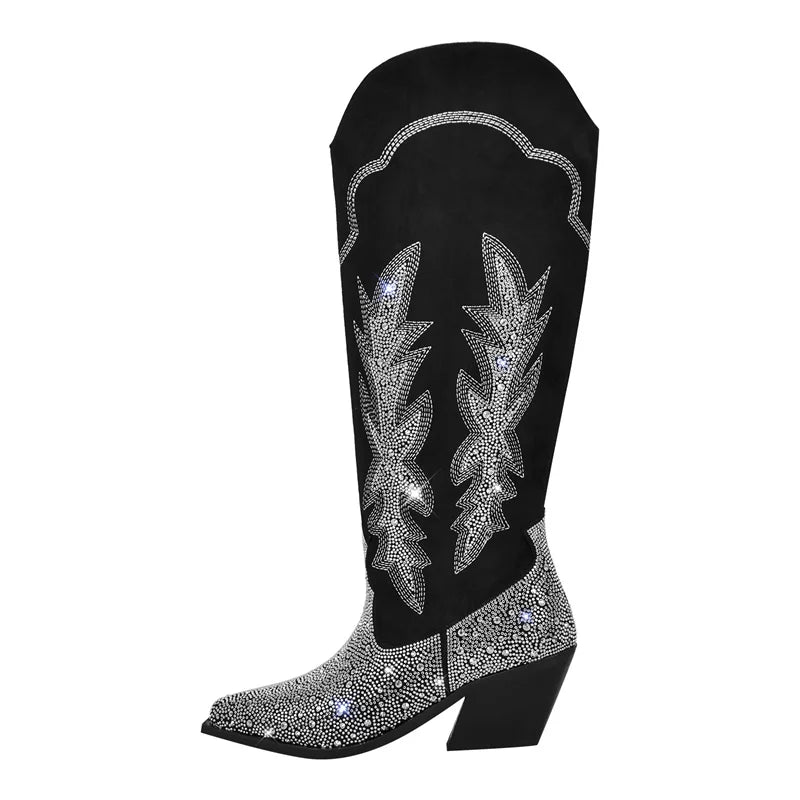 Onlymaker Women Black Knee High Rhinestone Boots Western Cowboy Boots Glitter Bling Shiny Block Heel Handmade Boots