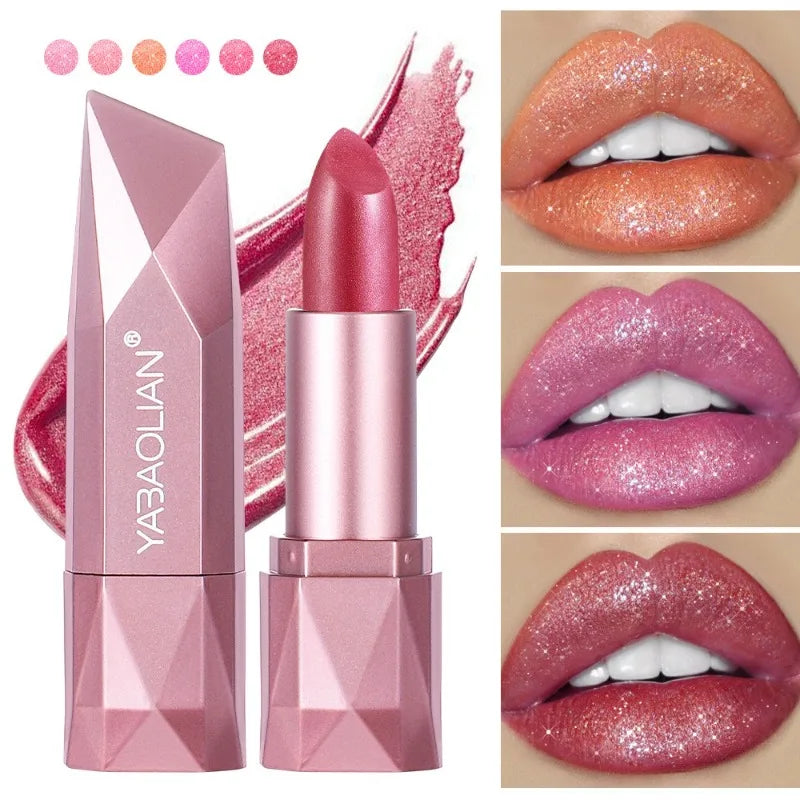 Diamond Shine Lipstick, Pearlescent Golden Lipstick with Fine Glitter, High Gloss Hydrating Long Lasting & Non-Drying...