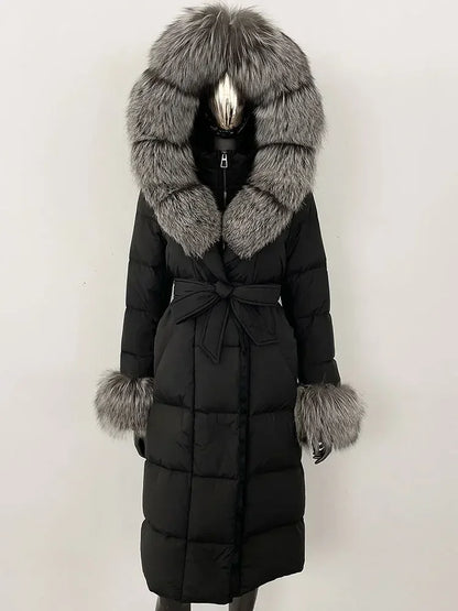 CXFS New Real Raccoon Fox Fur Collar Hooded Natural Long Winter Jacket Women 90 White Duck Down Coat Thick Warm Casual Outerwear