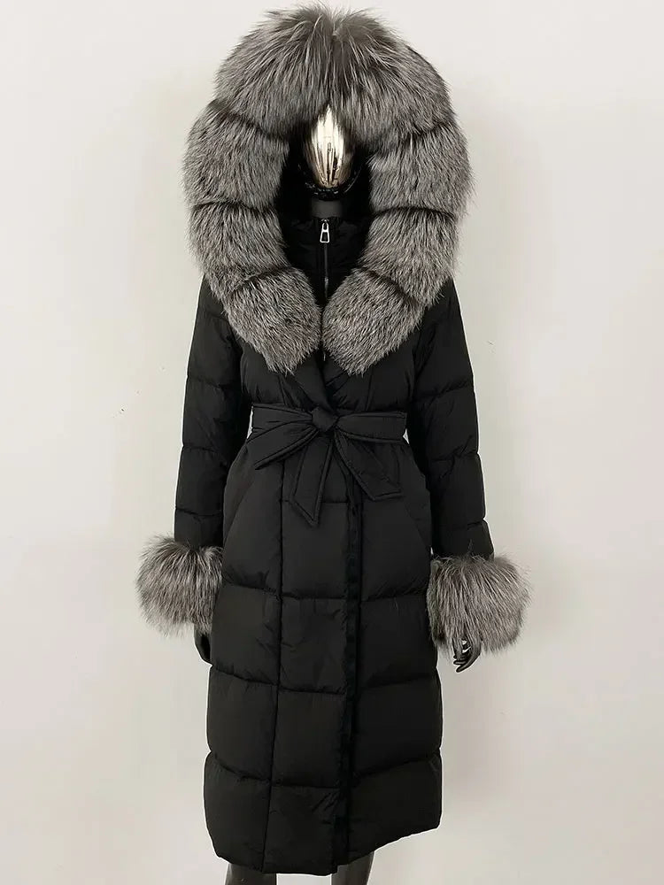 CXFS New Real Raccoon Fox Fur Collar Hooded Natural Long Winter Jacket Women 90 White Duck Down Coat Thick Warm Casual Outerwear