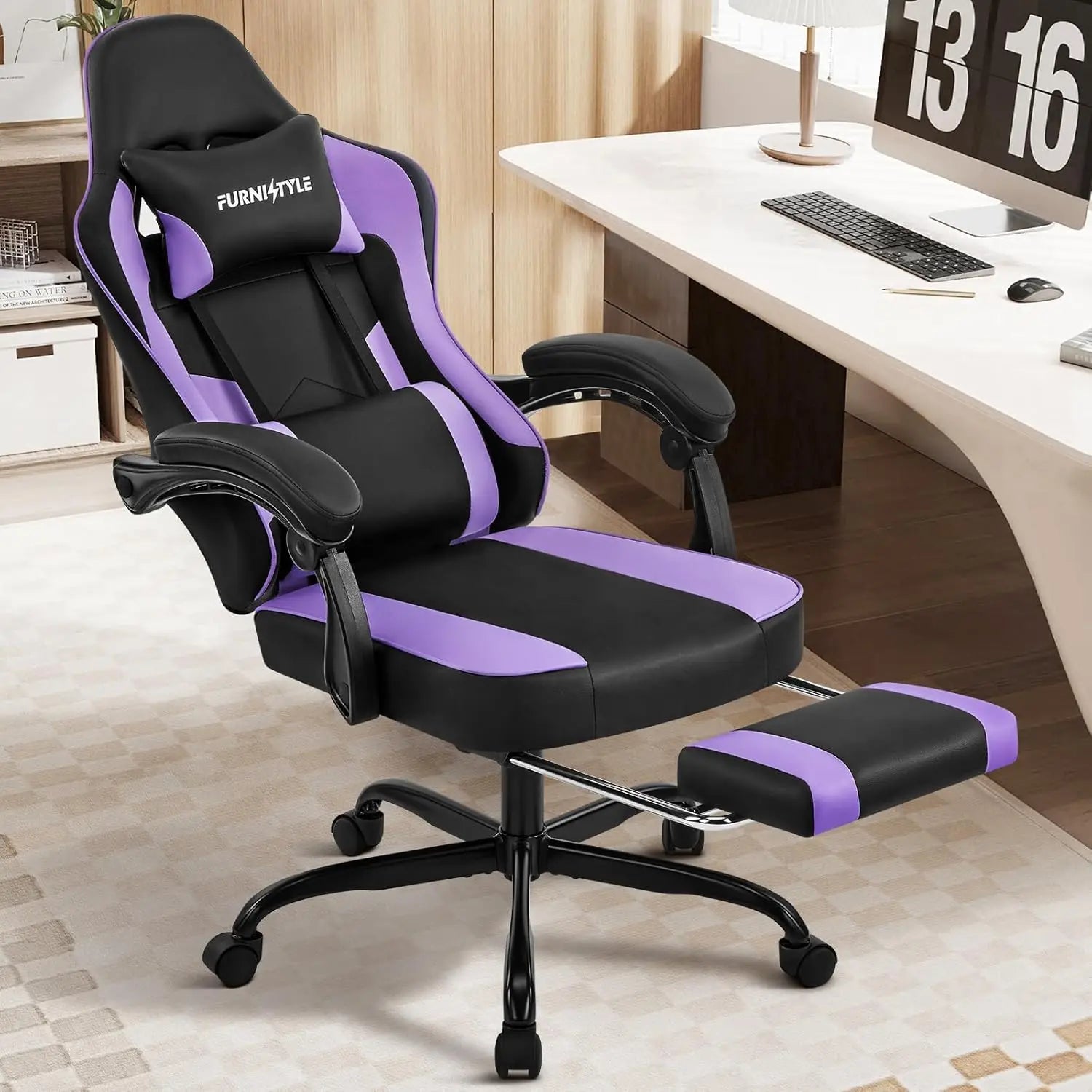 Purple Ergonomic High-Back Gaming Chair for Adults and Teens with Extended Footrest and Removable Headrest, Comfortable Computer