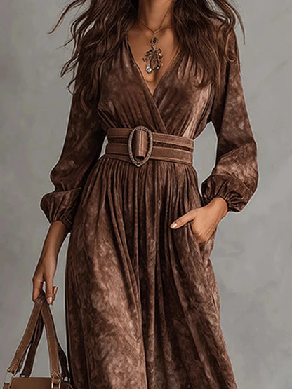 Women's Vintage Paisley Print Maxi Dress Long Sleeve V Neck Zip up High Waist Flowy Long Dress for Autumn Party Evening Wear