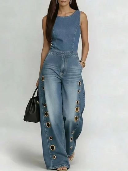 Women's Sleeveless Denim Jumpsuit High Waist Wide Leg Pants with Gold Eyelet Cutout Decor Streetwear Casual Fashion Romper - Kimlud