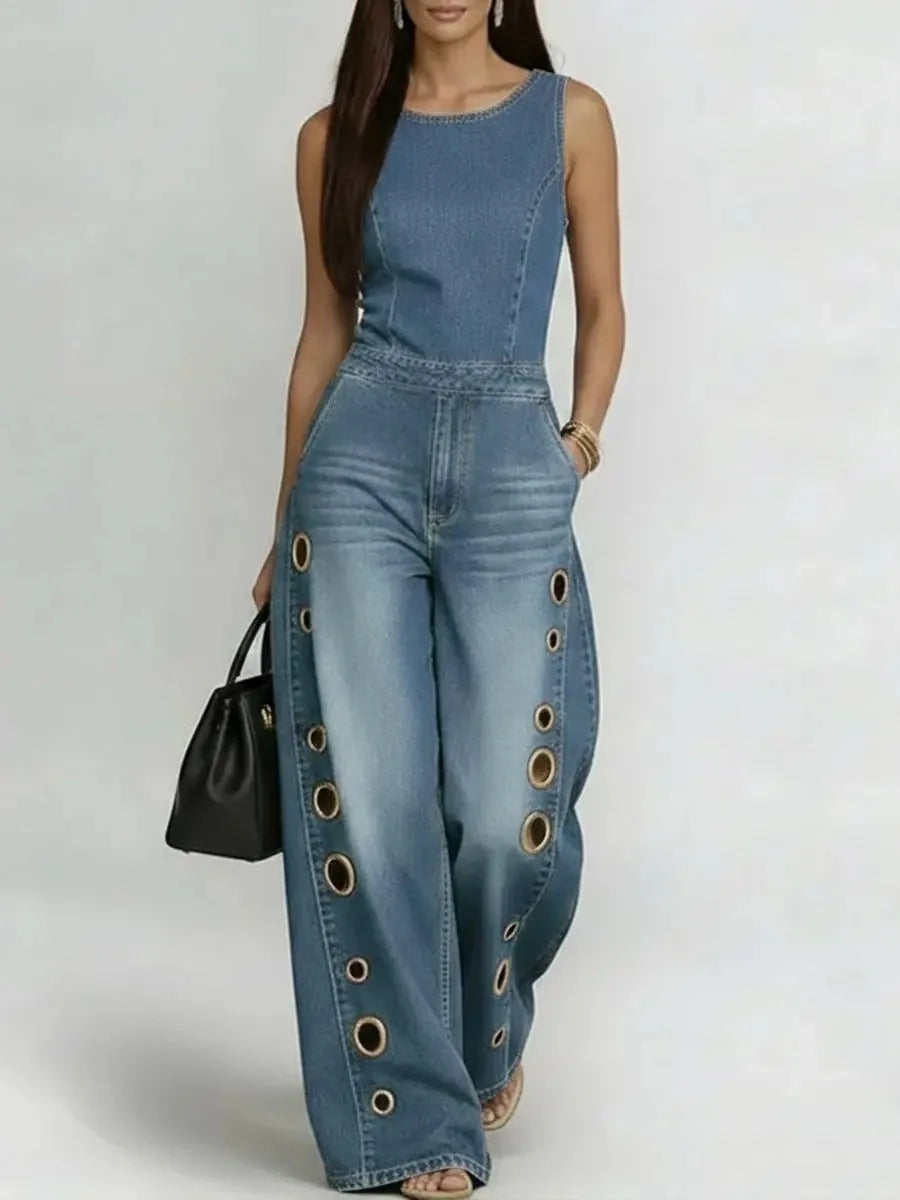 Women's Sleeveless Denim Jumpsuit High Waist Wide Leg Pants with Gold Eyelet Cutout Decor Streetwear Casual Fashion Romper - Kimlud