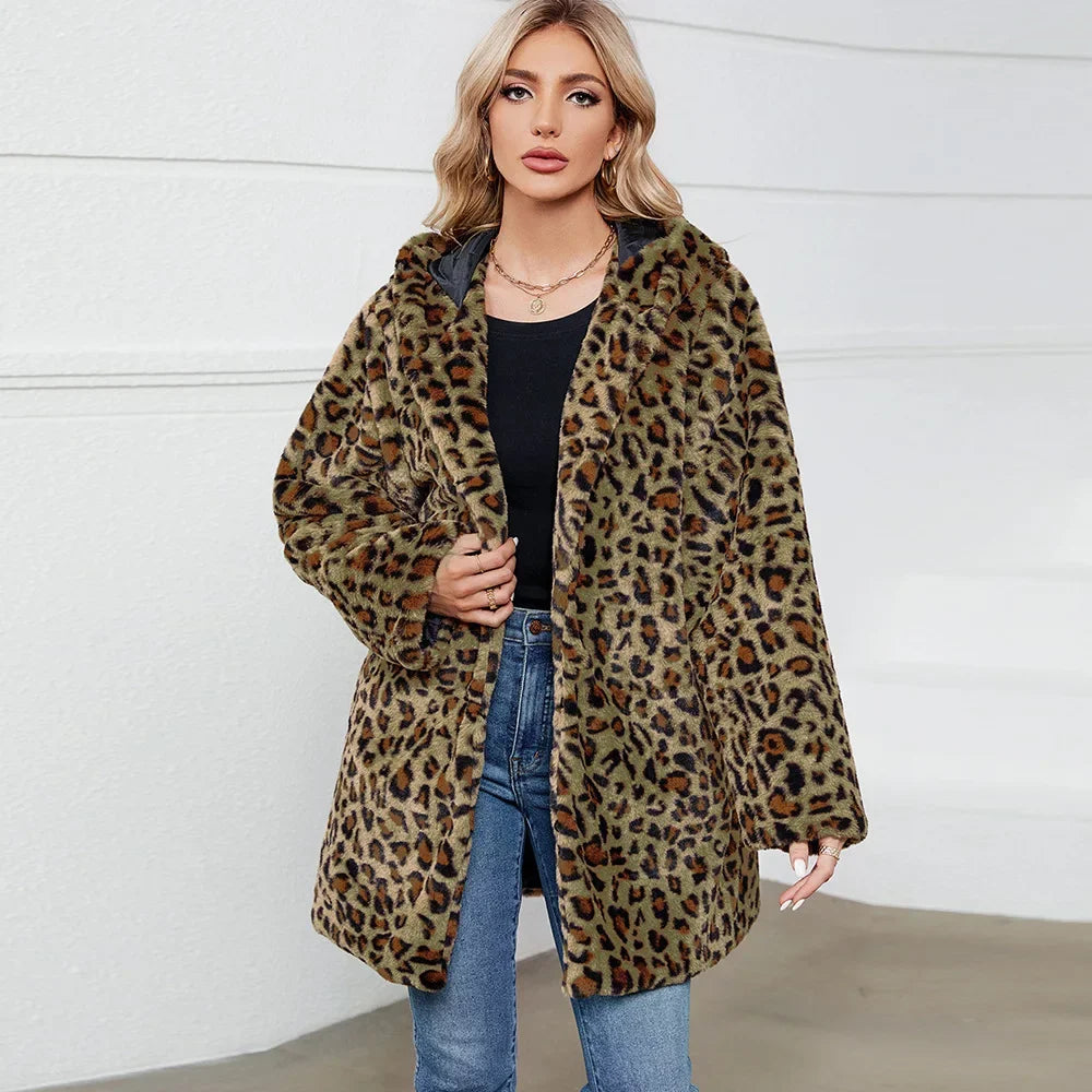 ZXRYXGS 2025 New Fashion Autumn Winter Coats Loose Medium Length Jackets Leopard Print Imitation Fur Coat Women's Clothing Tide