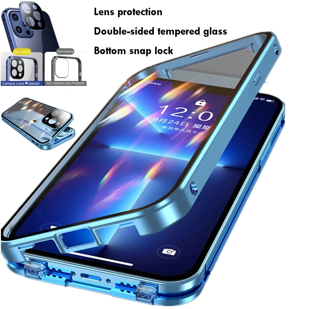 360 Full Protection Metal Magnetic Double Sided Glass Snap Lock Case For iPhone 17 16 15 14 12 13 Pro Max Lens...