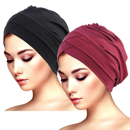 2PCS/LOT Classic Pleated Turban Hat Elegant Solid Color Head Wraps Headscarf Breathable Elastic Beanies Chemo Cap