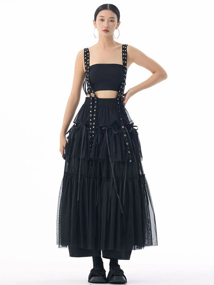 [EAM] High Elastic Waist Coffee Mesh Perspective Ribbon Strap Half-body Skirt Women Fashion Tide New Spring Autumn 2026 1DJ5044