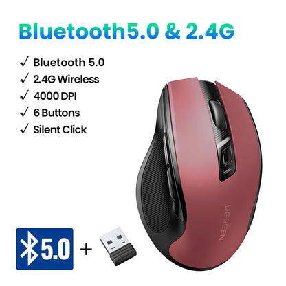 UGREEN Wireless Mouse Bluetooth5.0 Mouse Ergonomic 4000DPI 6 Mute Buttons Mouse For MacBook Tablet Laptops Computer PC 2.4G Mice - Kimlud