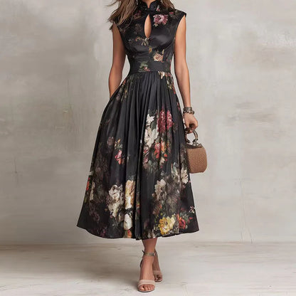 Summer Hot Sleeveless Hollow Evening Dress Woman Mandarin Collar High Waist Pleated Dress Spring Floral Print Satin Long Dresses - Kimlud