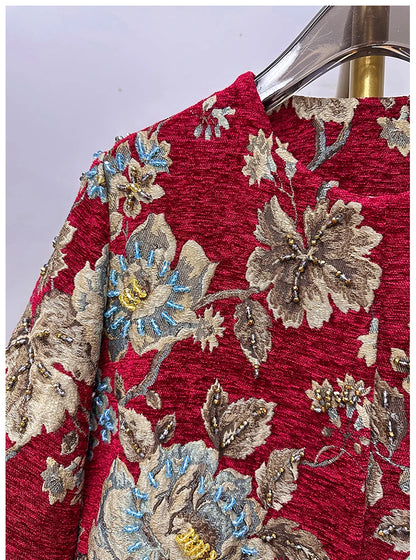 Autumn Winter New Women's Velvet Beaded Round Neck 3/4 Sleeve Burgundy Mid-Length Coat Chenille Texture Luxury Jacket