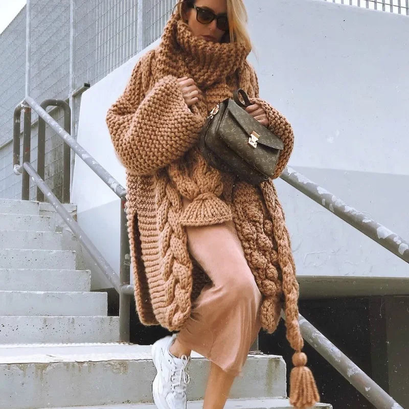 Hand-woven Split Wild Tassels Hook Twist Sweater Coat Crocheted Cardigan Autumn and Winter Thick Long Lantern Sleeve...