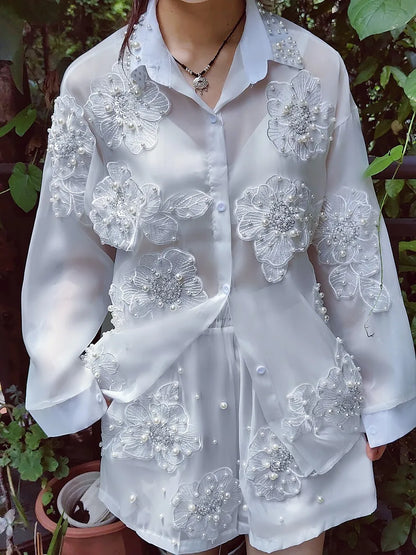 Fairy 3D Flowers Embroidery Sequined Chiffon Shirts Mesh Soliced Pearls Blouses Sunscreen Cardigan Tops+Elastic Shorts...