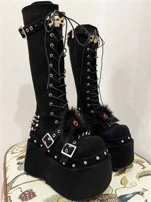 Skull Rivet Black Punk Platform Knee High Boots Shoes Women Zapatos Mujer
