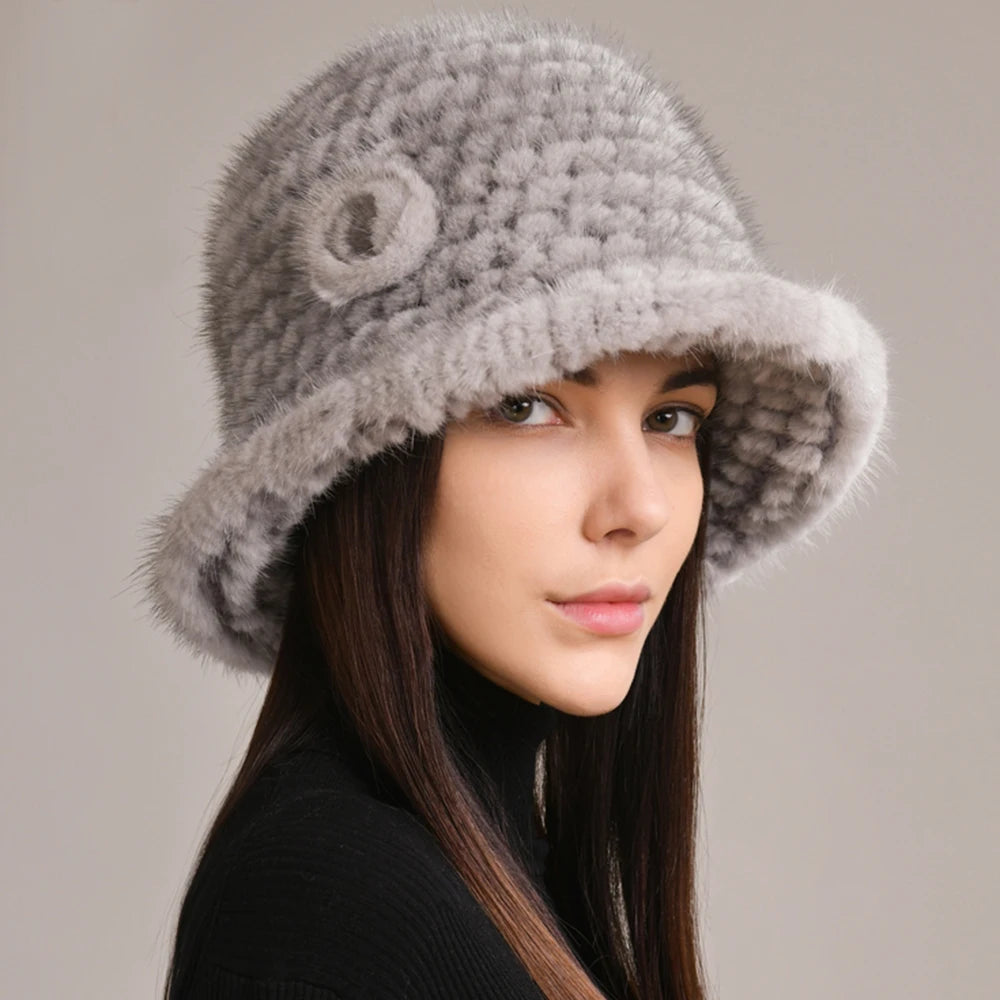 Woman Hat Winter Solid Mink Caps With Flower Natural Mink Fur Hats New Russian Girl Soft Knitting Real Fur Bucket Hats 2025 Warm