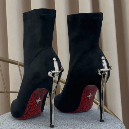 Elegant Short Boots High Boots Velvet Surface Red Bottom High Heels Ladies Fashion Metal Staff Boots Winter Youth Spring