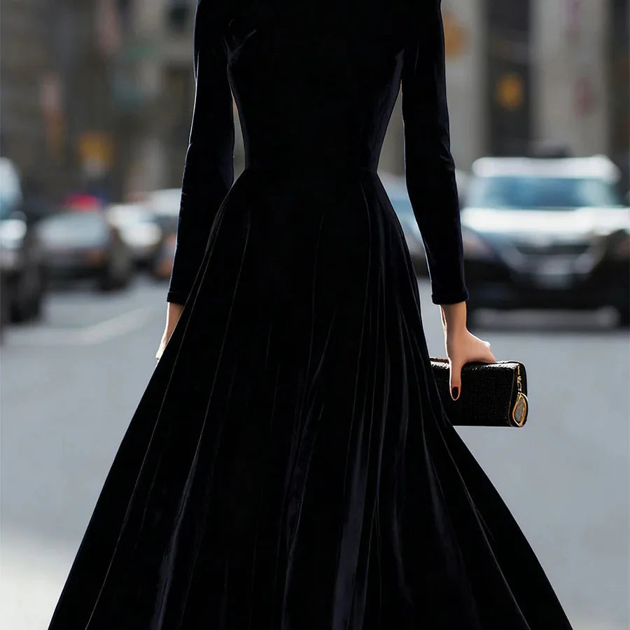 Velvet Long Sleeve round Neck Dress Elegant Artistic Retro Chinese Style Midi Skirt Casual Comfortable Polyester Fabric - Kimlud