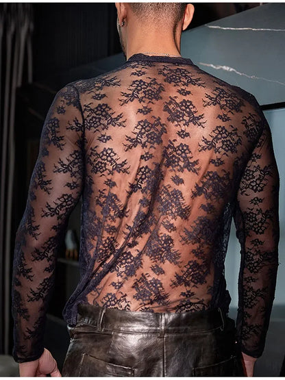 Lace Mesh Sheer See Through T-shirts for Men High Elastic Tight Thin Breathable Comfortable Tops Long Sleeves Fashion Blouse - Kimlud