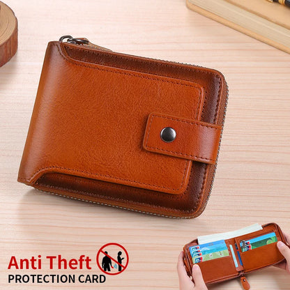 Vintage top layer cowhide anti-theft brush, anti demagnetization 2 large cash slots, buckle zipper wallet, large...