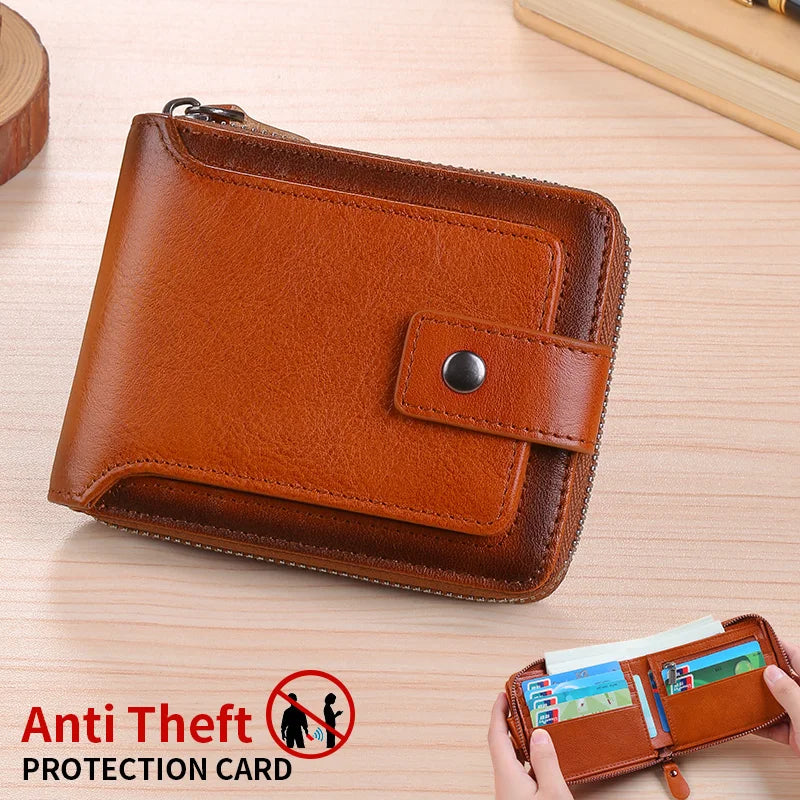 Vintage top layer cowhide anti-theft brush, anti demagnetization 2 large cash slots, buckle zipper wallet, large...