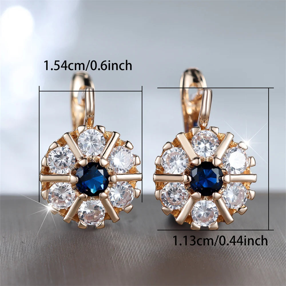 Fashion Blue Crystal White Zircon Flower Hoop Earrings For Women Vintage Gold Color Ear Buckle Wedding Jewelry...