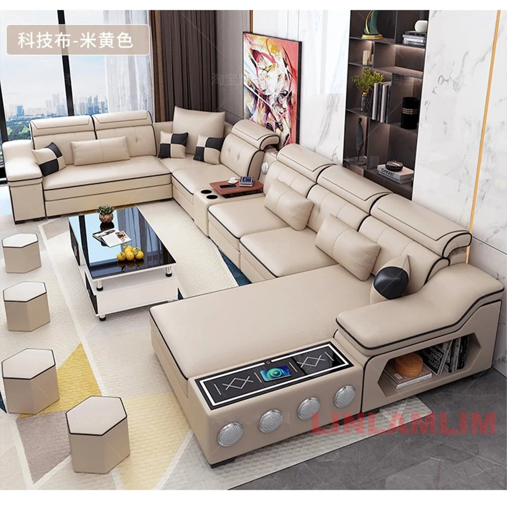 Linlamlim Modern Scientific Fabric Sectional Sofa Set with Chaise Lounge, Bluetooth Speakers, USB Charging Ports for Living Room