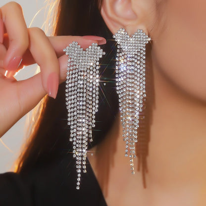 Silver Rhinestones Earrings for Women Sparkly Long Linear Dangle Earrings Dangle Tassels Statement Earrings Bridal Wedding