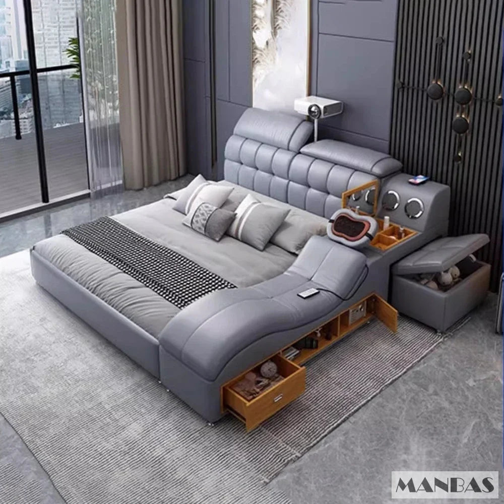 MINGDIBAO Luxury King Size Genuine Leather Bed / Tech Smart Bed / Multifunctional Ultimate Beds / Massage Bed with USB,Projecter