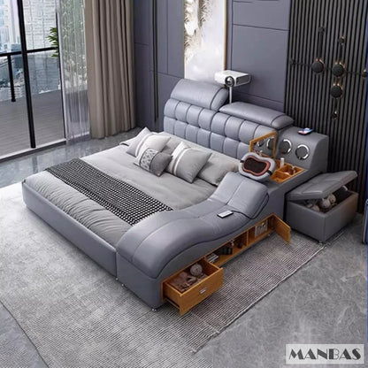 MINGDIBAO Luxury King Size Genuine Leather Bed / Tech Smart Bed / Multifunctional Ultimate Beds / Massage Bed with USB,Projecter