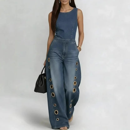 Women's Sleeveless Denim Jumpsuit High Waist Wide Leg Pants with Gold Eyelet Cutout Decor Streetwear Casual Fashion Romper - Kimlud
