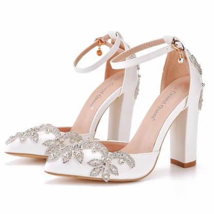Summer Brand Women Sandals Party Flower Rhinestone Cover Heel 10.5 CM Square Heel Lady Wedding Hot Sale Lovely Women Shoe - Kimlud