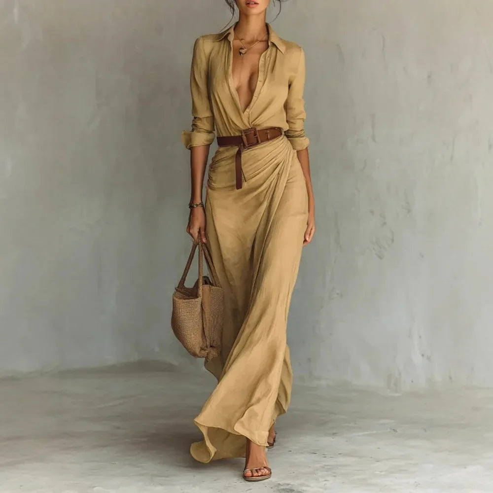 2025 New Autumn Woman Sexy Deep V Neck Hollow Long Dress Elegant Solid Belted Irregular Party Long Sleeve Slim Casual Dresses - Kimlud