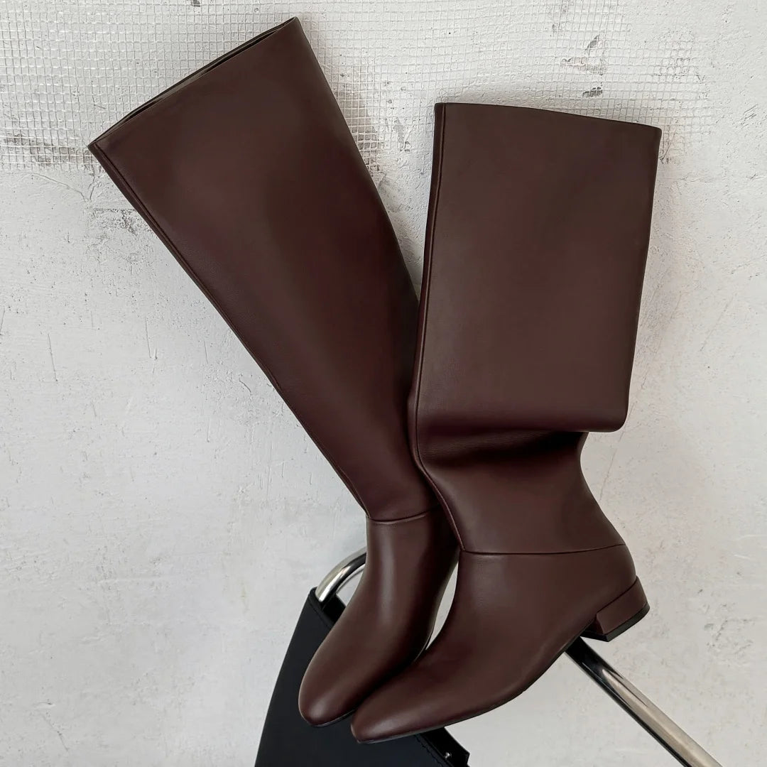 Women's genuine leather round toe slip-on flats autumn knee high boots casual female soft comfortable knight boots shoes woman