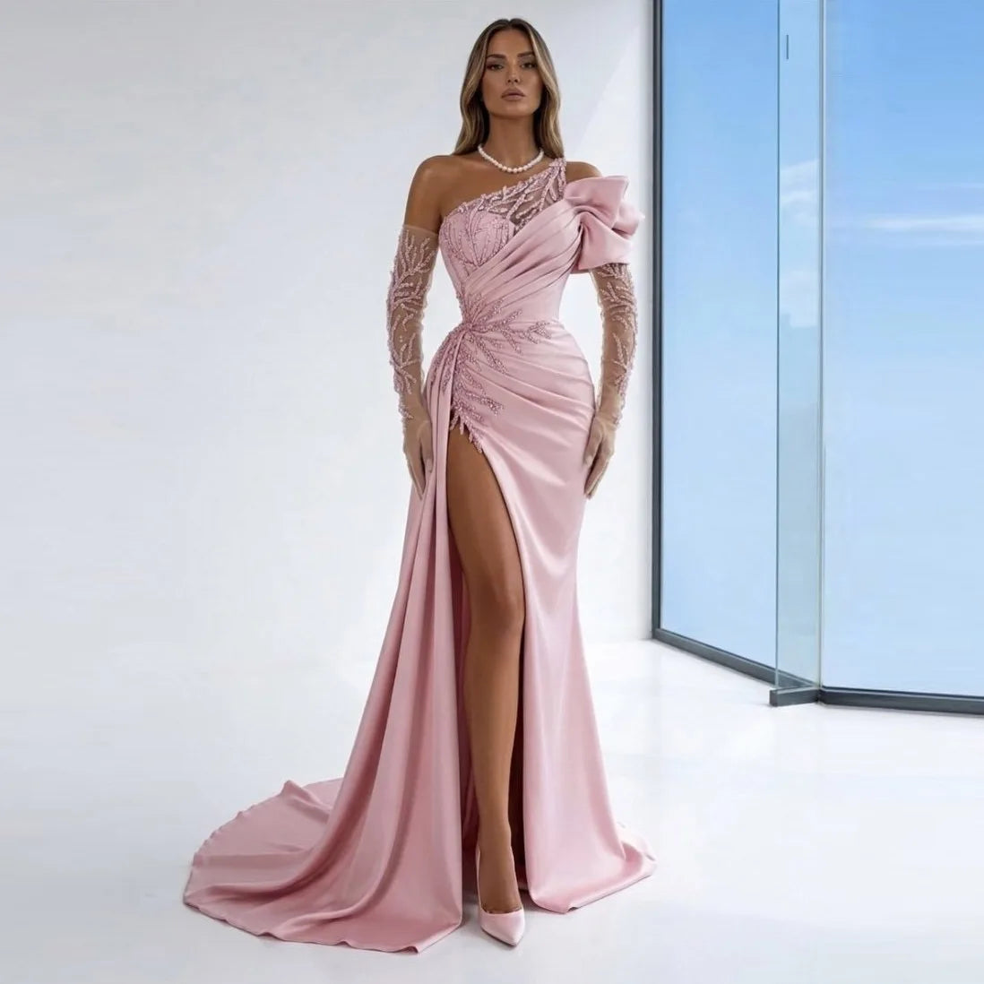 Pink Off Shoulder Mermaid Evening Dresses with Gloves Beading Gorgeous Prom Gowns Side Split Long Formal Dress Customized - Kimlud