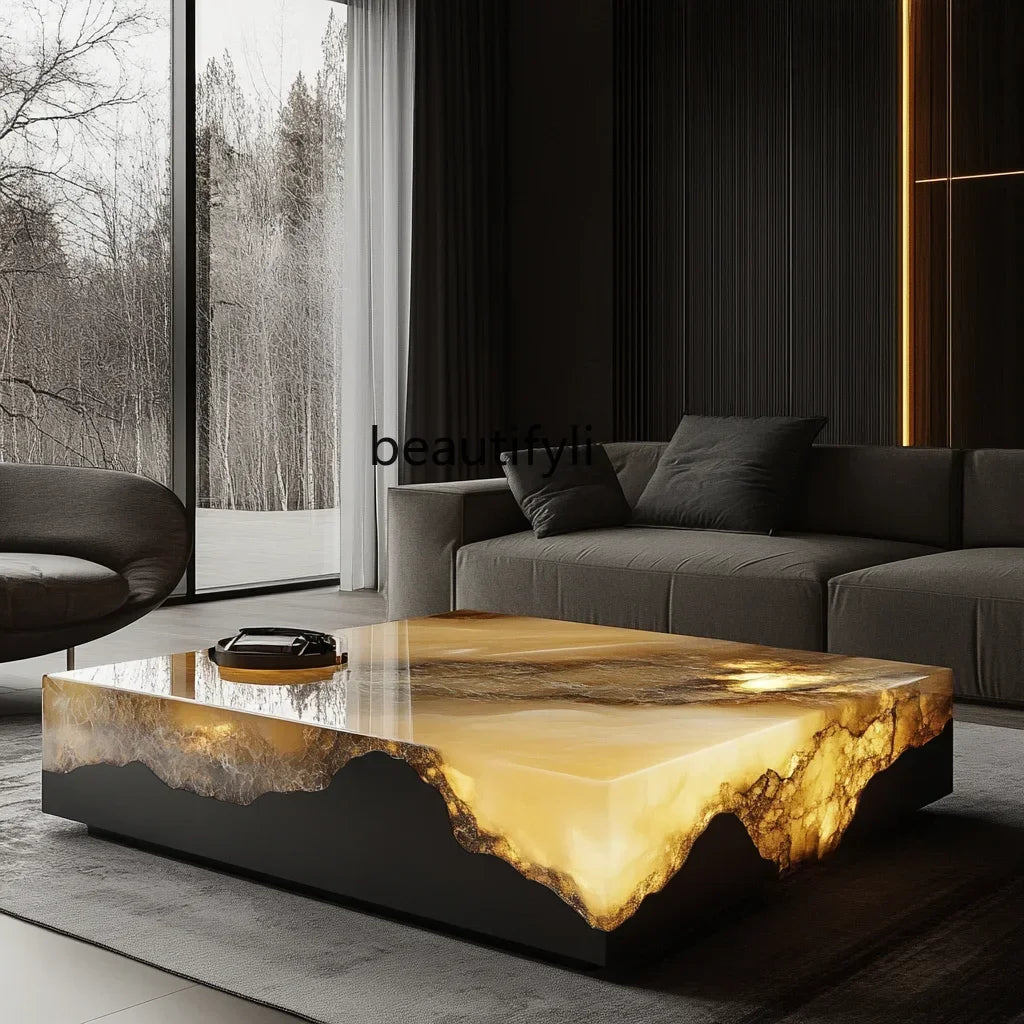 G53 Square luminous jade coffee table leather light luxury minimalist style living room luxury stone natural marble - Kimlud