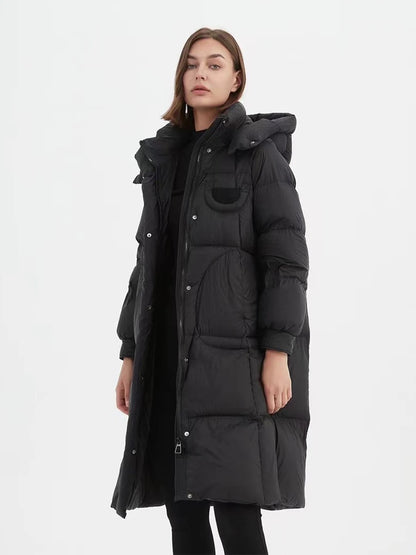 Hirsionsan Winter Long Solid Hooded Puffer Clothing Women Loose Casual White Duck Down Jackets Retro Streetwear Simple Warm Coat