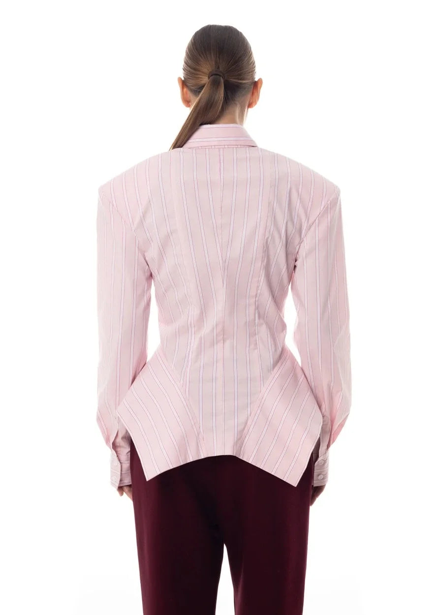 Women's Collar Striped Shirt with Asymmetrical Hem and Waist Cinching 2026 Spring summer Fashionable Casual Office...