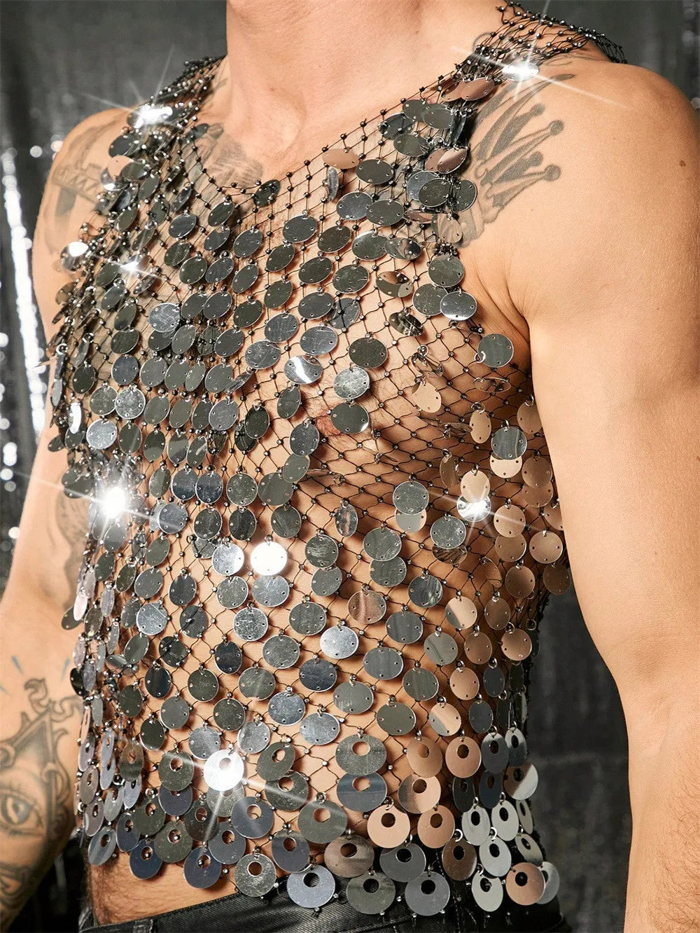 Sparkling Diamond Cut-Out See-Through Vest For Men - New Summer Style Sexy Nightclub Party Fishnet Beaded Outerwear Top - Kimlud
