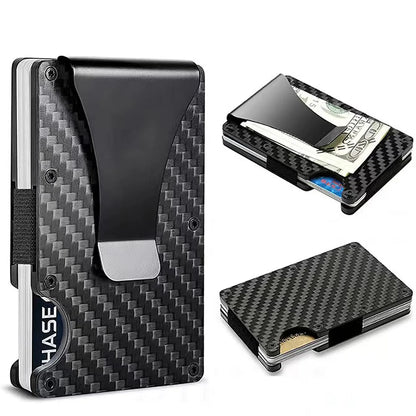 Small Minimalist Male Purse Carbon Fiber RFID Blocking Card Holder - Slim Thin Mini Wallet for Men, Metal Anti-Theft Money Bag